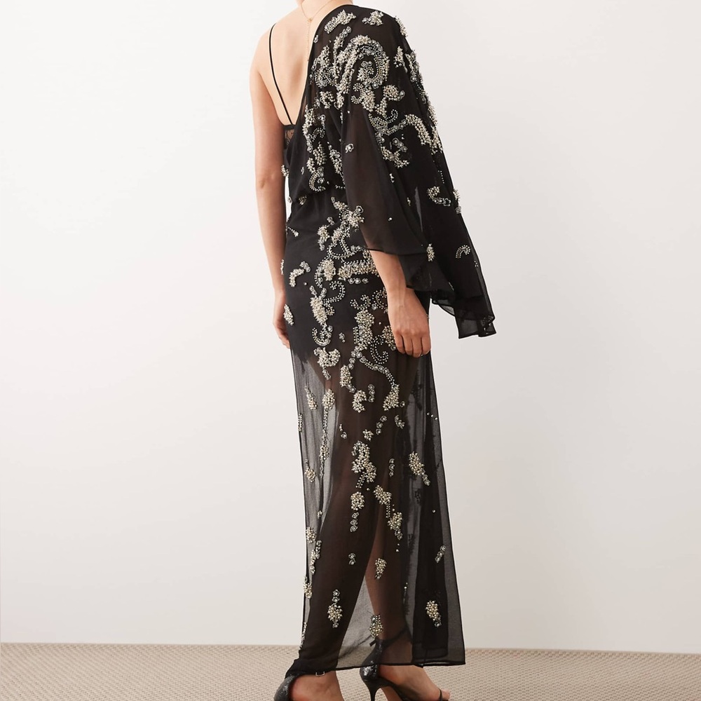 ASOS DESIGN draped batwing sleeve embellished maxi dress with lace in black - Picture 4 of 4